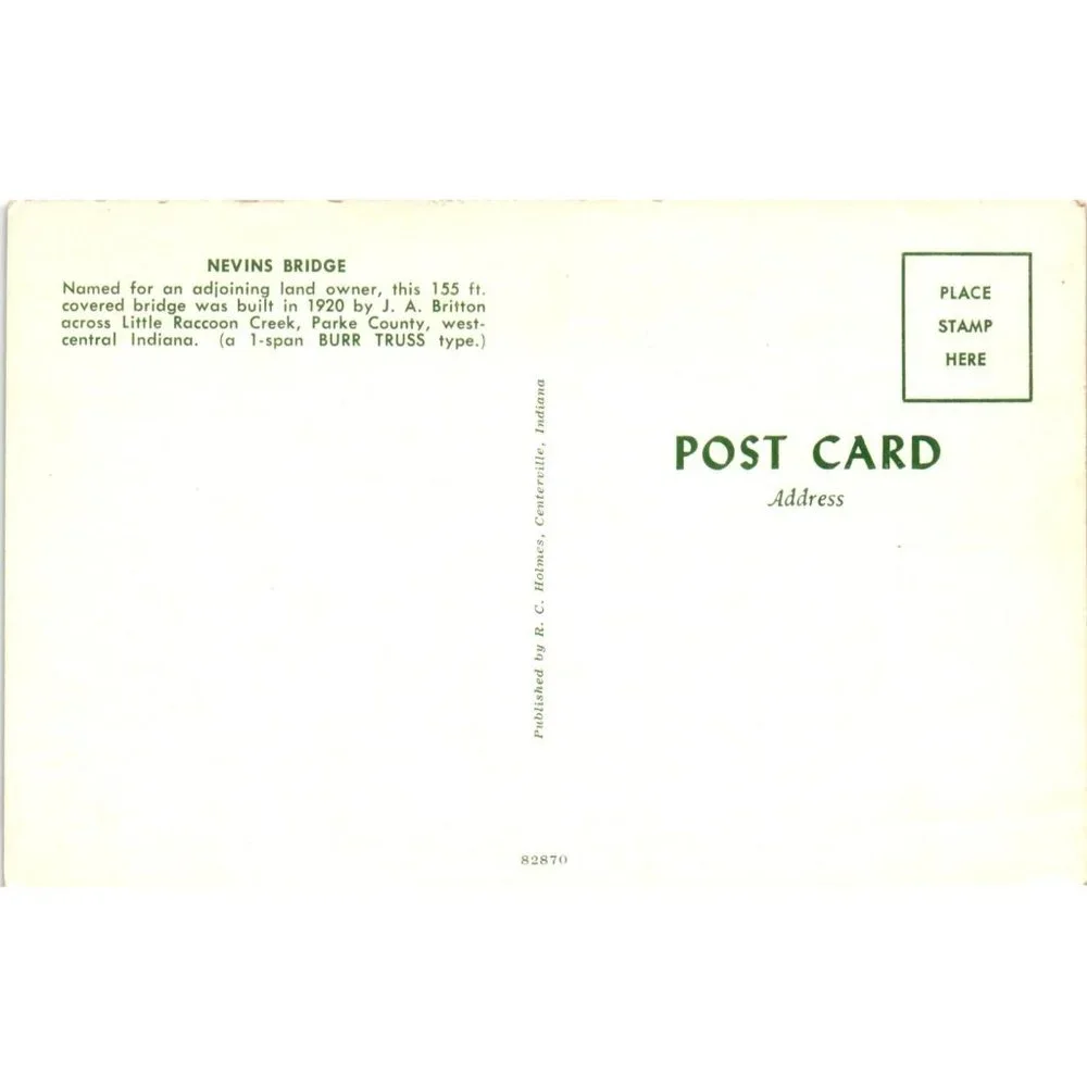 Nevins Covered Bridge Postcard Travel Souvenir Unposted Parke County Indiana